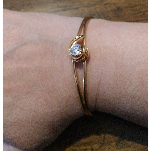 Vintage Gold Tone Clear Rhinestone Cuff Bracelet, 6.5" - Picture 1 of 6
